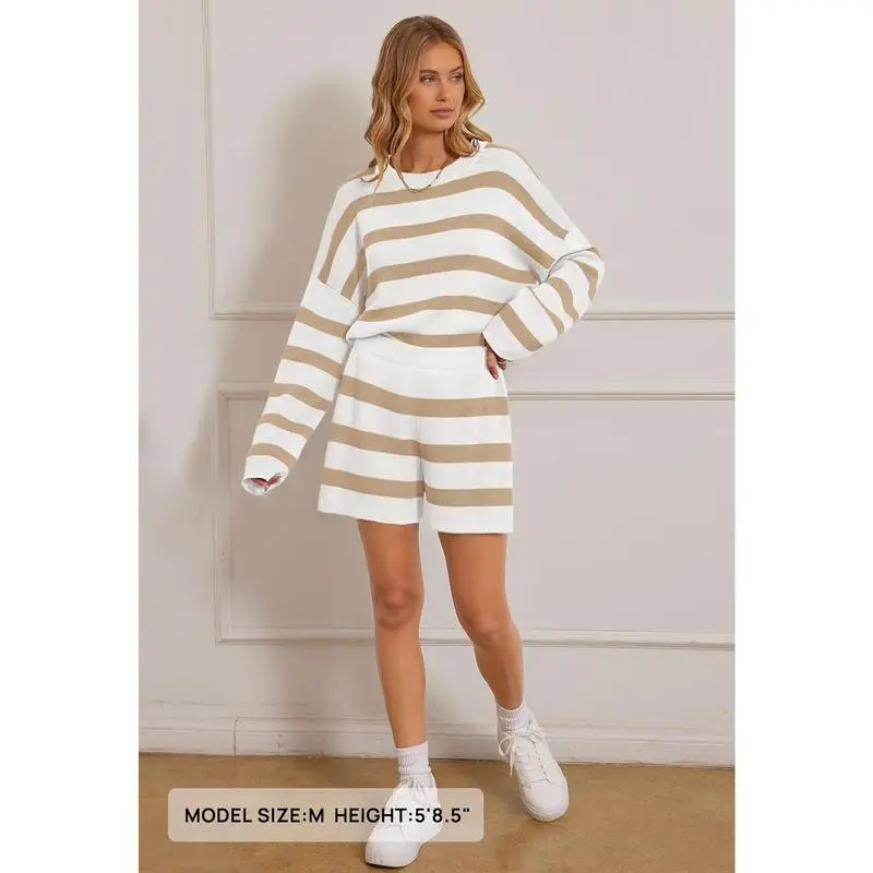 Women's 2 Piece Sweater Lounge Sets Striped Long Sleeve Shorts Oversized Matching Outfits