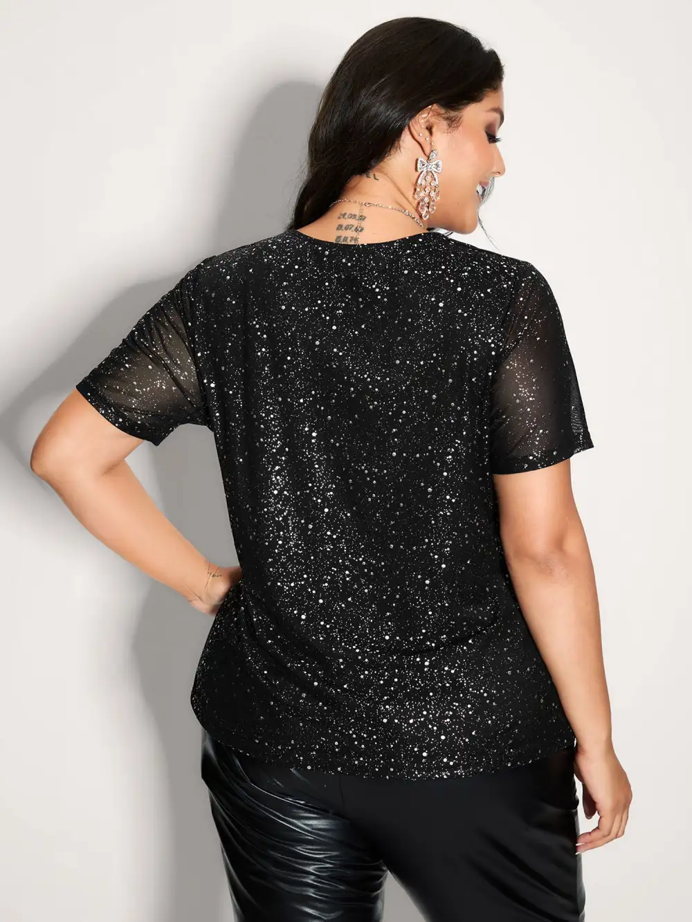 Shimmery Gold Stamped Sheer Sleeve T-Shirt