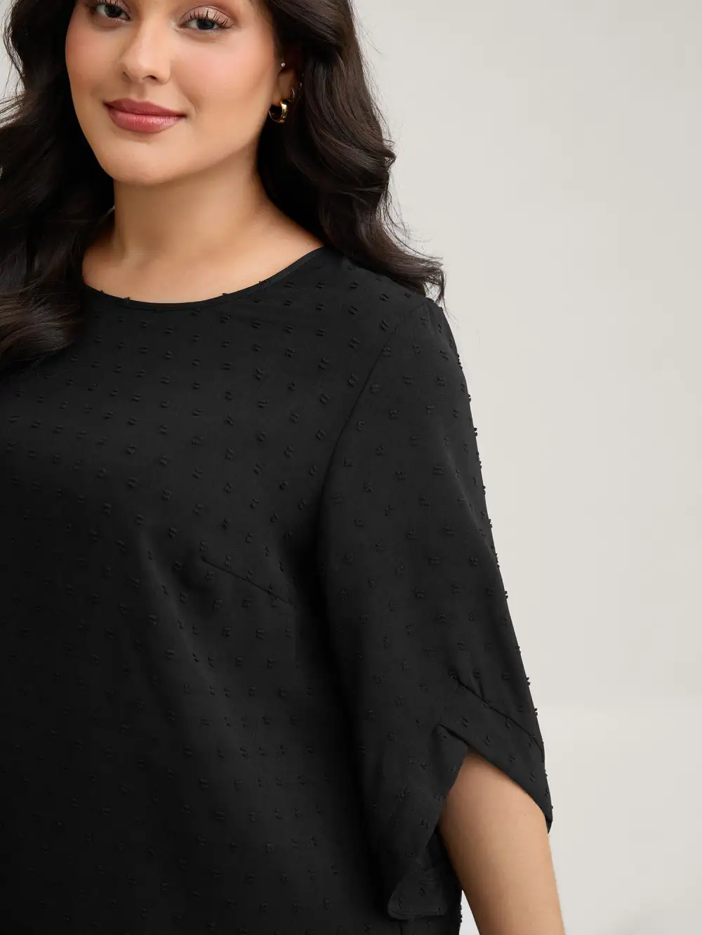 Textured Round Neck Bell Sleeve Blouse