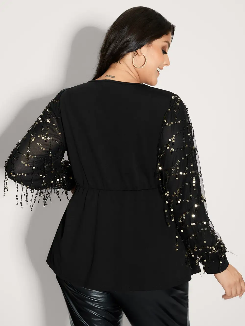 Sequin Sleeve Cut-Out Neck Top