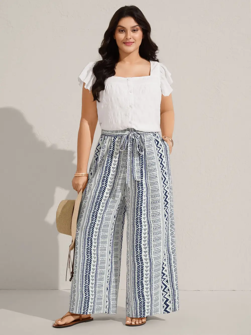 Waist-Tie Wide-Leg Boho Print Pants