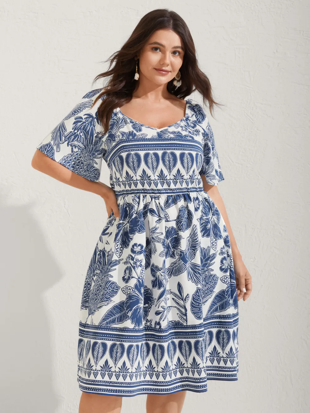 Boho Print Fit Flare Pockets Midi Dress