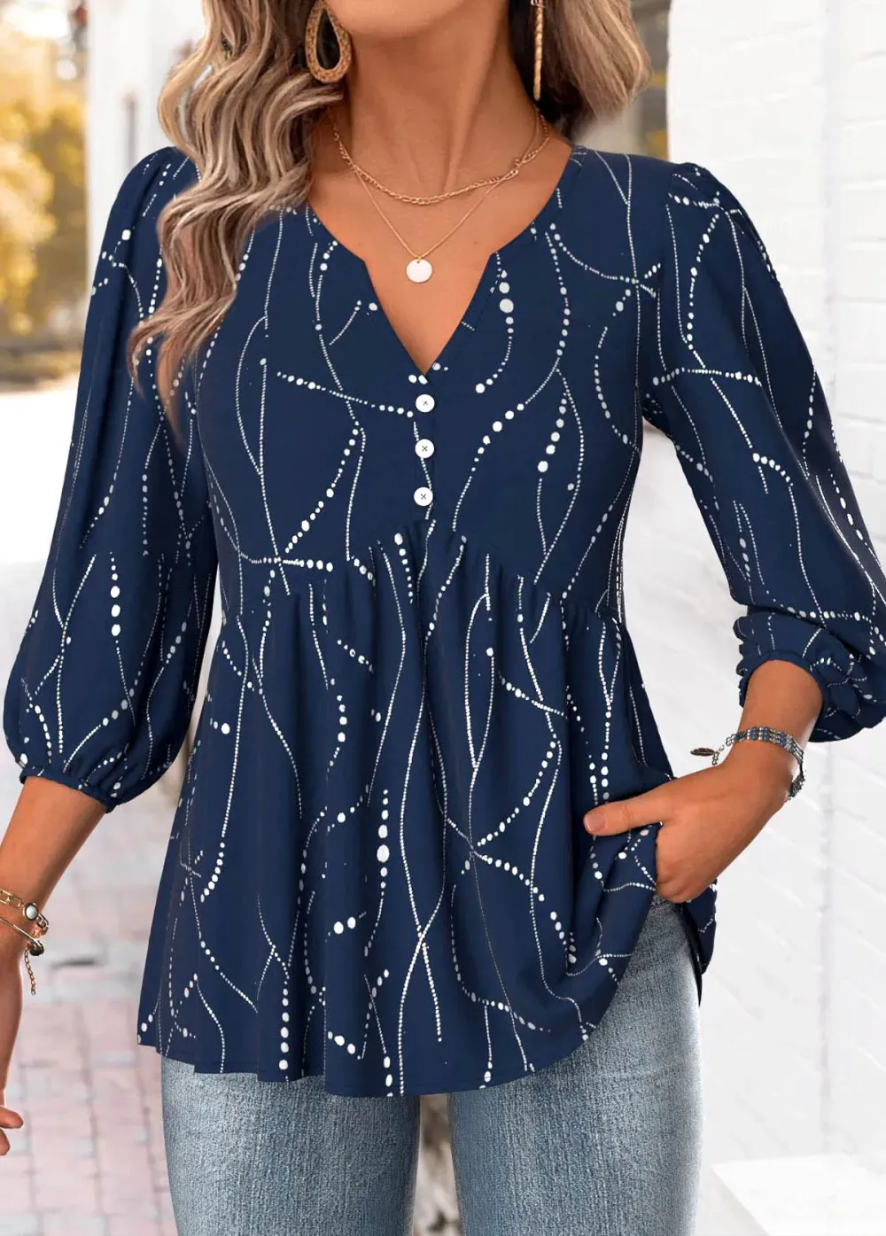 Navy Geometric Print 3/4 Sleeve Split Neck Blouse