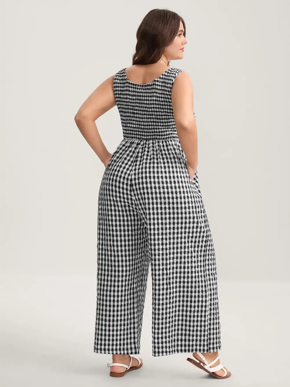 Gingham Print Shirred Straight-Leg Jumpsuit