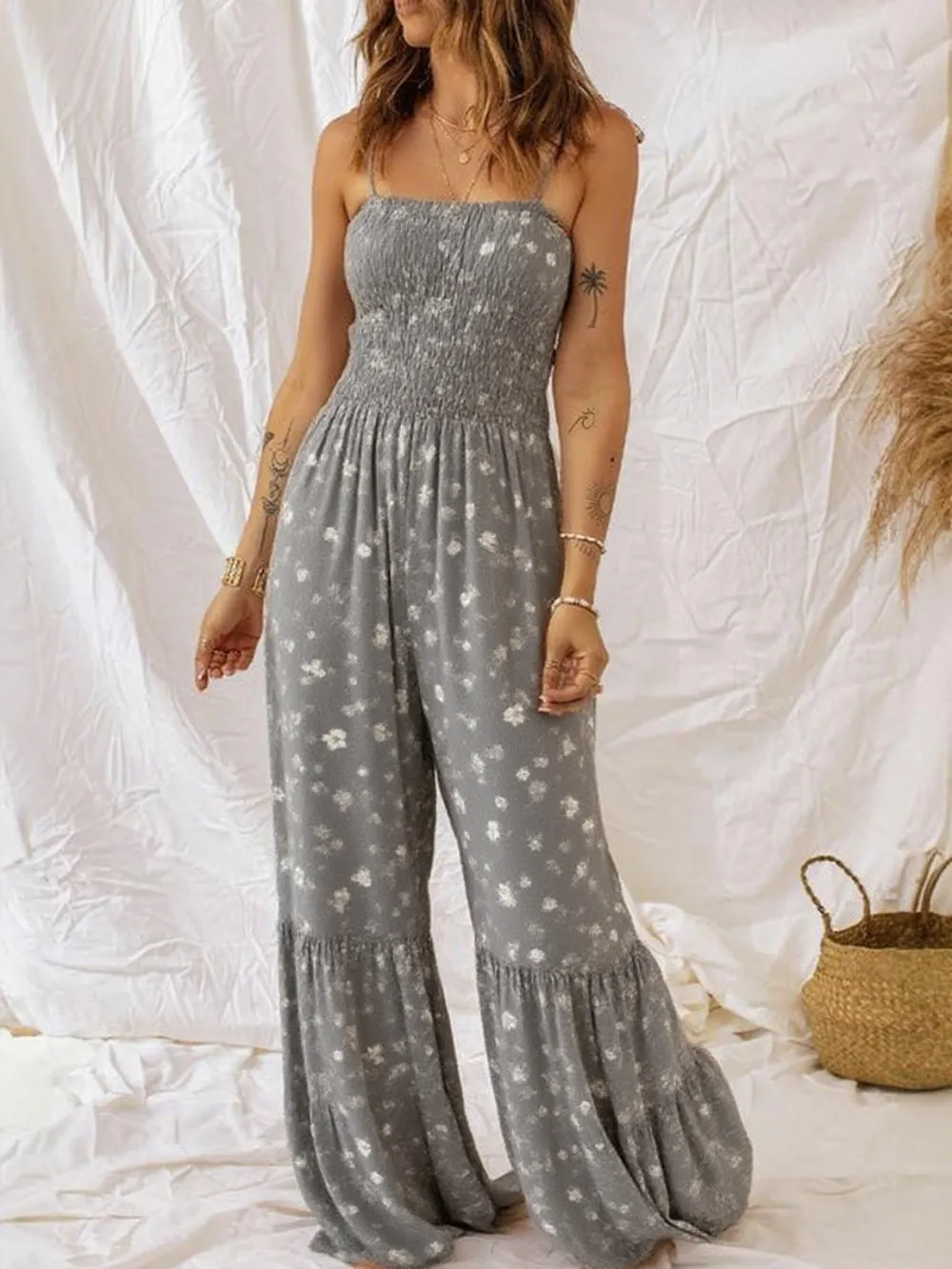 Women's Boho Floral Tie-Shoulder Wide-Leg Jumpsuit