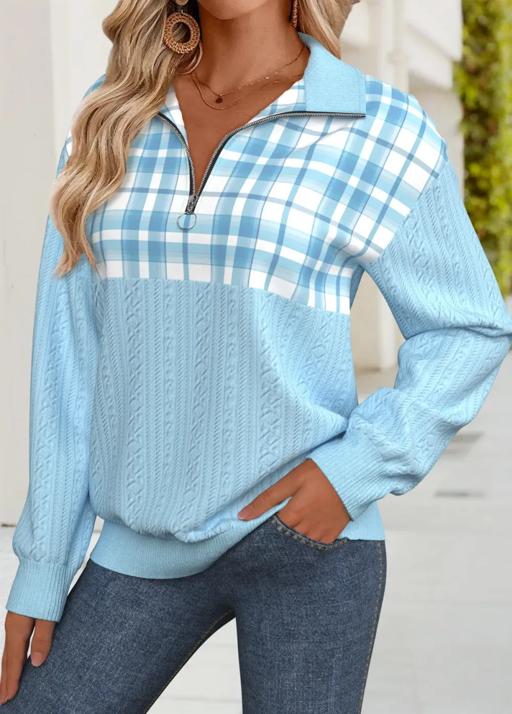 Light Blue Tummy Coverage Plaid Long Sleeve Sweatshirt