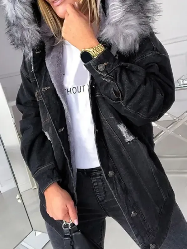 Women's Denim Jacket Hoodie Jacket Daily Fall Winter Regular Coat Loose Fit Streetwear Jacket Long Sleeve Pocket Black Blue Grey