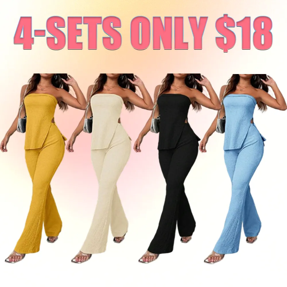 Women's Summer Two-Piece Set – Strapless Top & High-Slit Flare Pants, Casual Resort Outfit