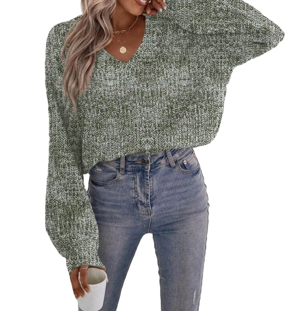 Casual Plain V neck Pullovers Long Sleeve Brown Women Sweaters (Women's)
