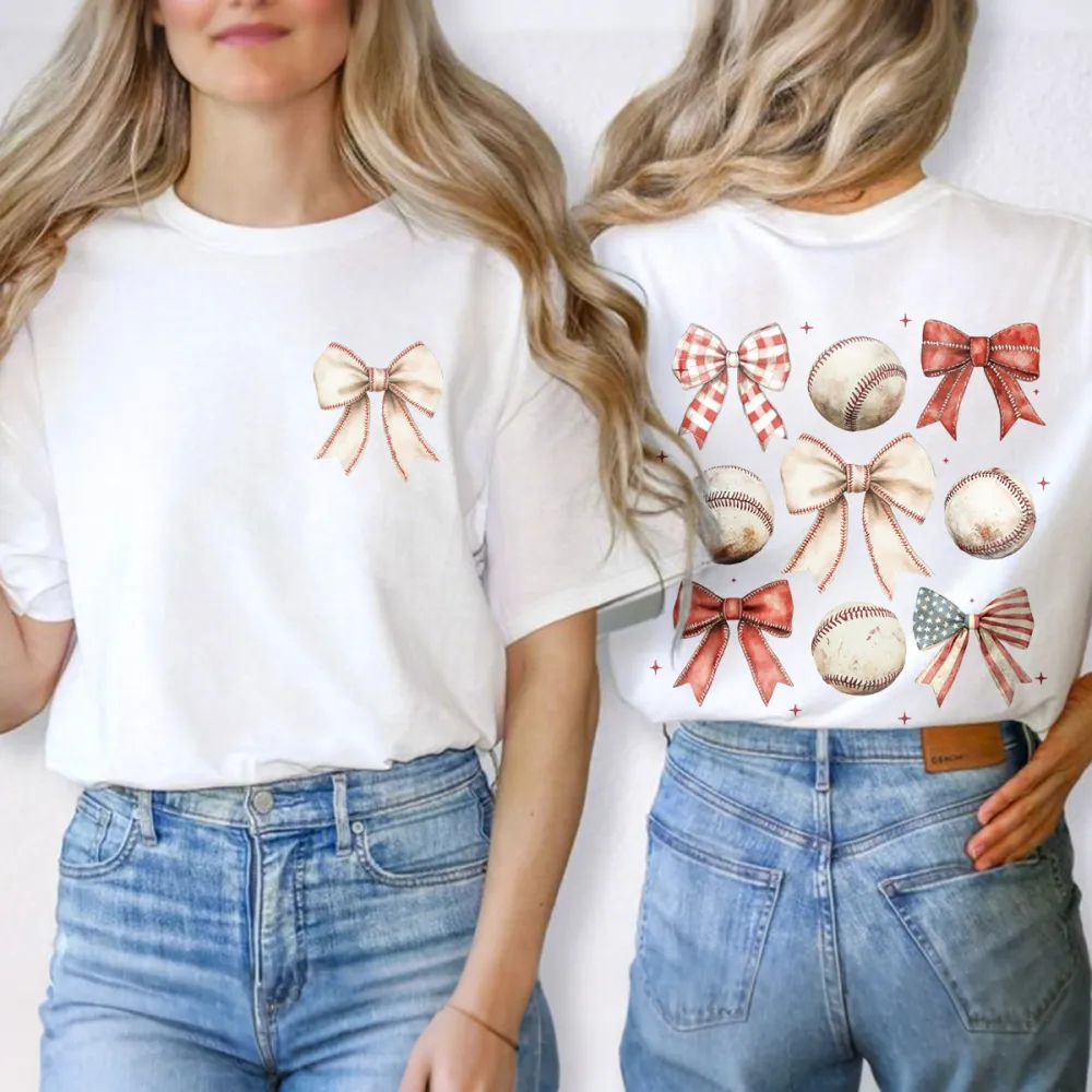 Combination Of 4 Baseballs And 5 Different Bows, One Of Which Features An American Flag, For A Casual T-Shirt.