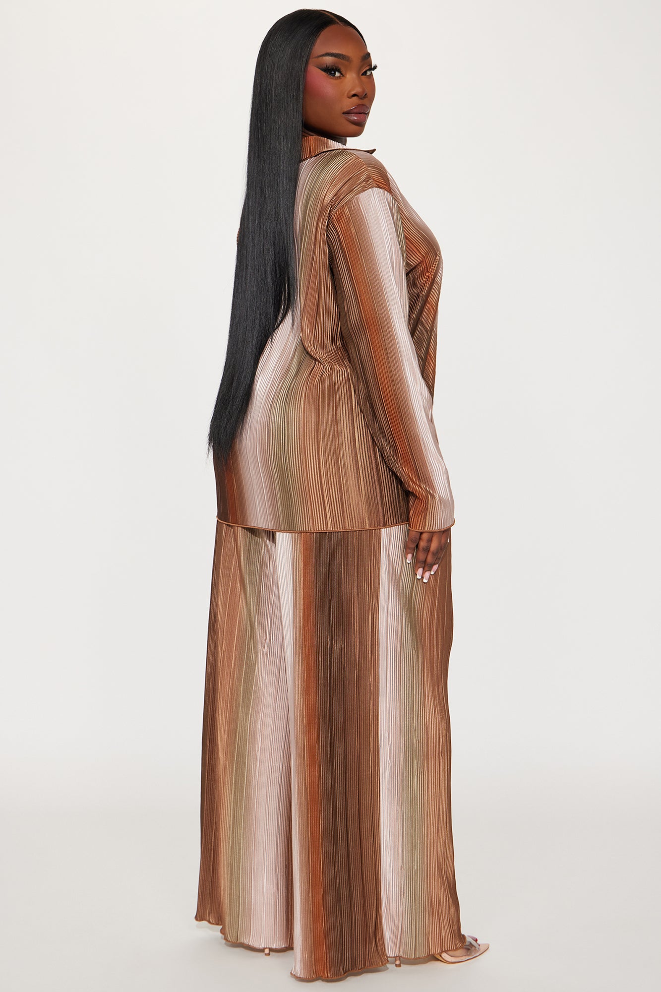Isabel Shimmer Plisse Pant Set - Brown/combo