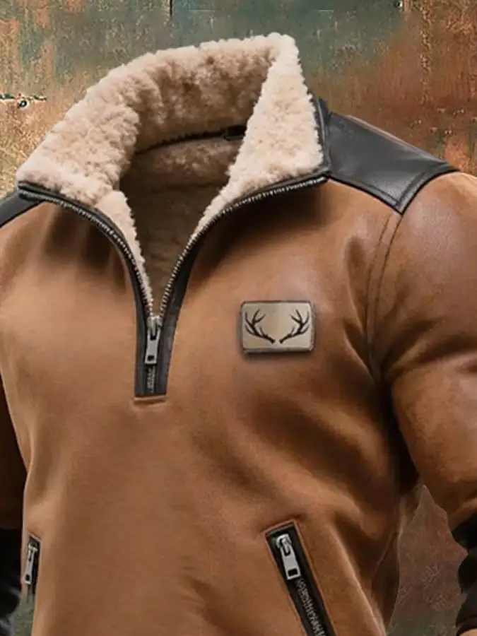 Men's Vintage Suede Leather Zipper Fur Collar Sweatshirt