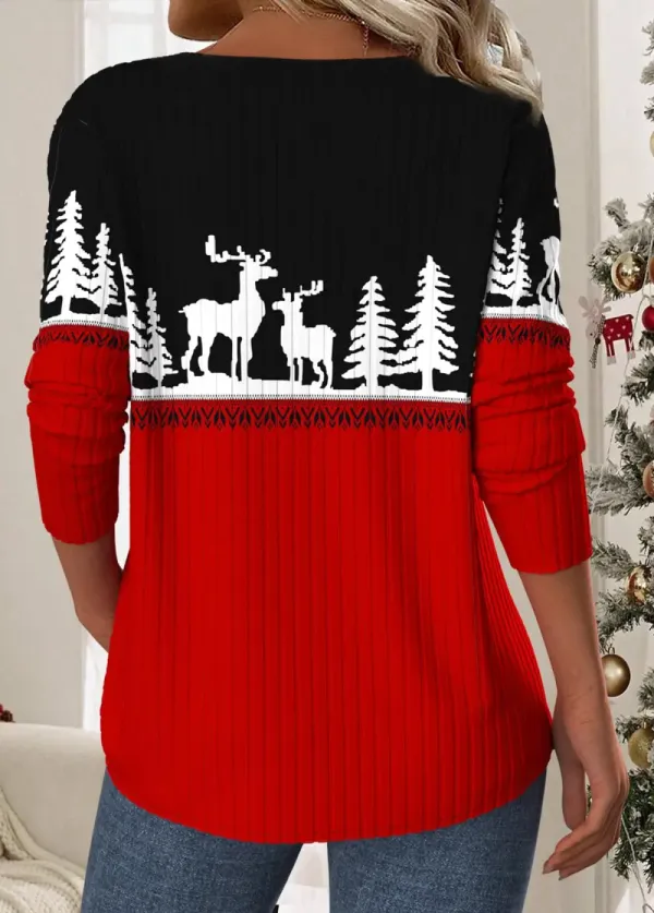 Christmas Red Patchwork Halloween Print Long Sleeve T Shirt