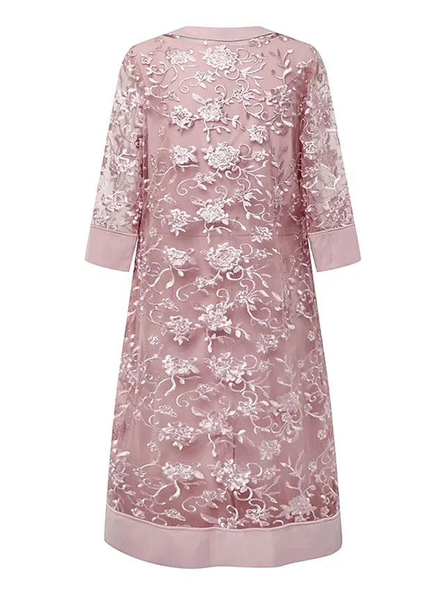 Women's Lace Dress Dress Set Two Piece Dress Midi Dress Pink Half Sleeve Pure Color Mesh Summer Spring Fall Crew Neck Fashion Office Wedding Guest 2023 S M L XL XXL 3XL