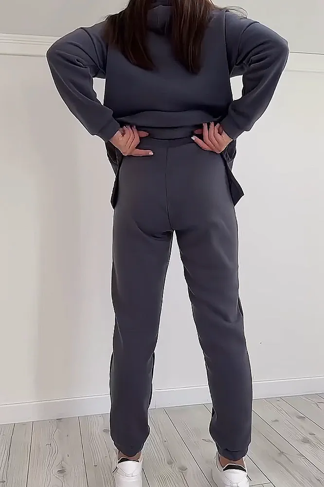 Women's solid color fleece hoodie and pants two-piece set