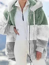 Women's Fleece Jacket Teddy Coat Hoodie Jacket Warm Breathable Zipper Pocket Color Block Fleece Lined Casual Stripe Vacation Street Daily Wear Going out Zipper Regular Hoodie Regular Fit Long Sleeve
