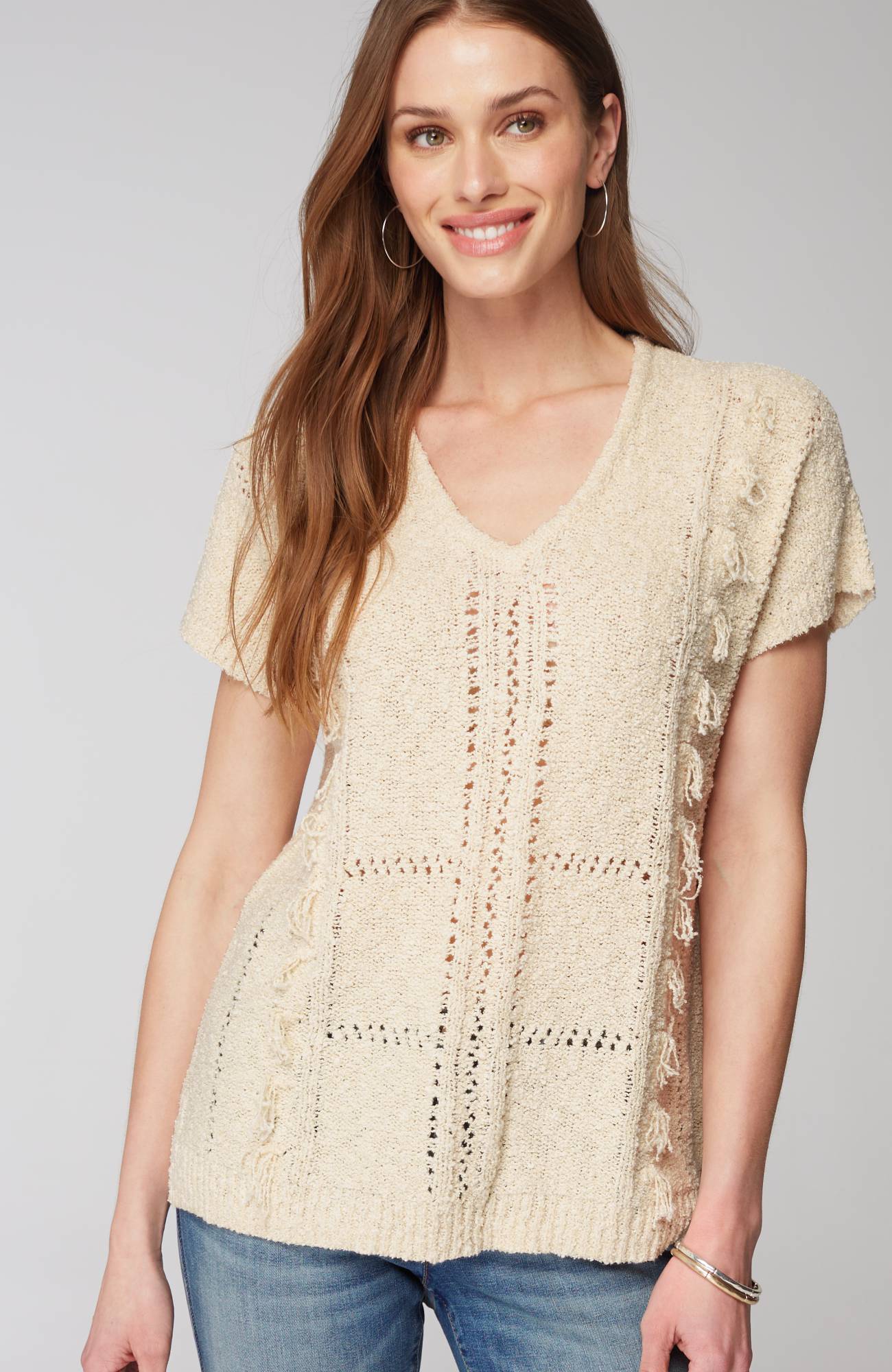 Fringed Open-Texture Short-Sleeve Sweater