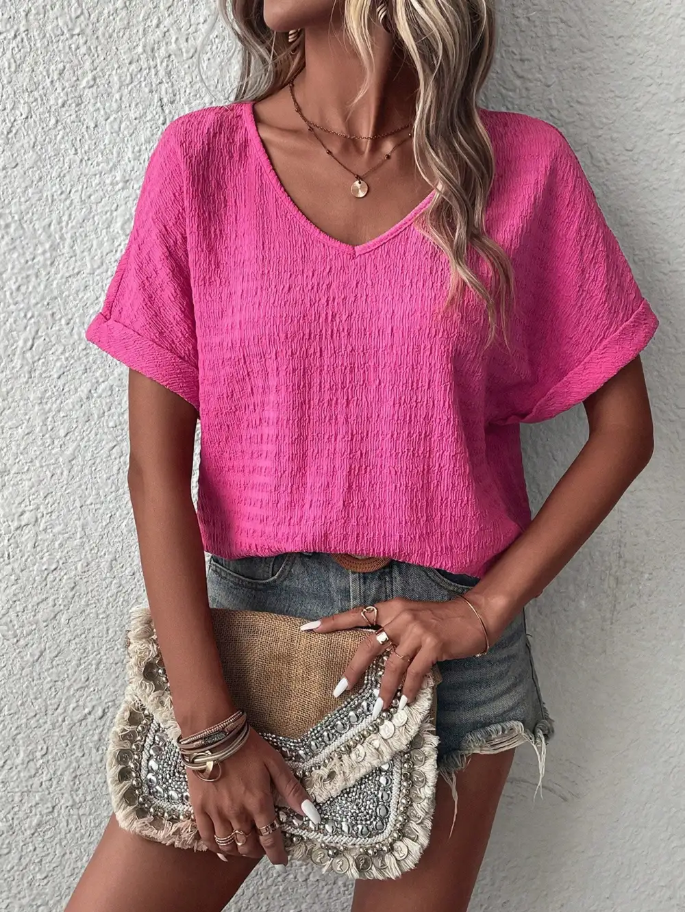Solid Batwing Sleeve V Neck Blouse