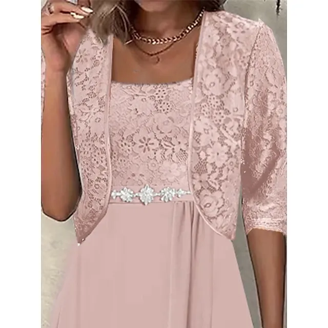 Women's Two Piece Dress Set Party Dress Lace Dress Party Wedding Guest Elegant Modern Lace Patchwork Midi Dress Crew Neck Half Sleeve Floral Plain Regular Fit Pink Blue Purple Summer Spring S M L XL