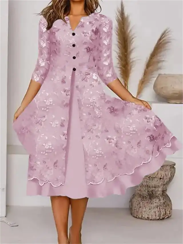 Women's Casual Dress Summer Dress Print Dress Floral Button Pocket V Neck Midi Dress Fashion Streetwear Outdoor Daily 3/4 Length Sleeve Loose Fit Pink Green Light Blue Spring Summer S M L XL XXL