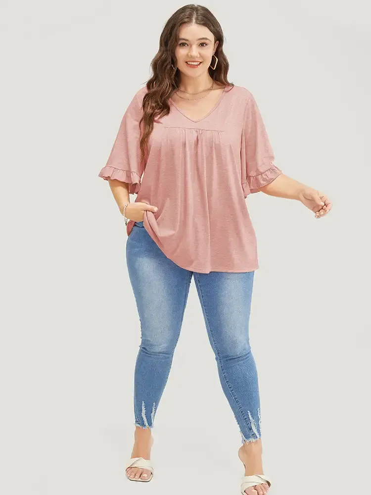 Solid Gathered Ruffle Trim Flounce Sleeve T-shirt