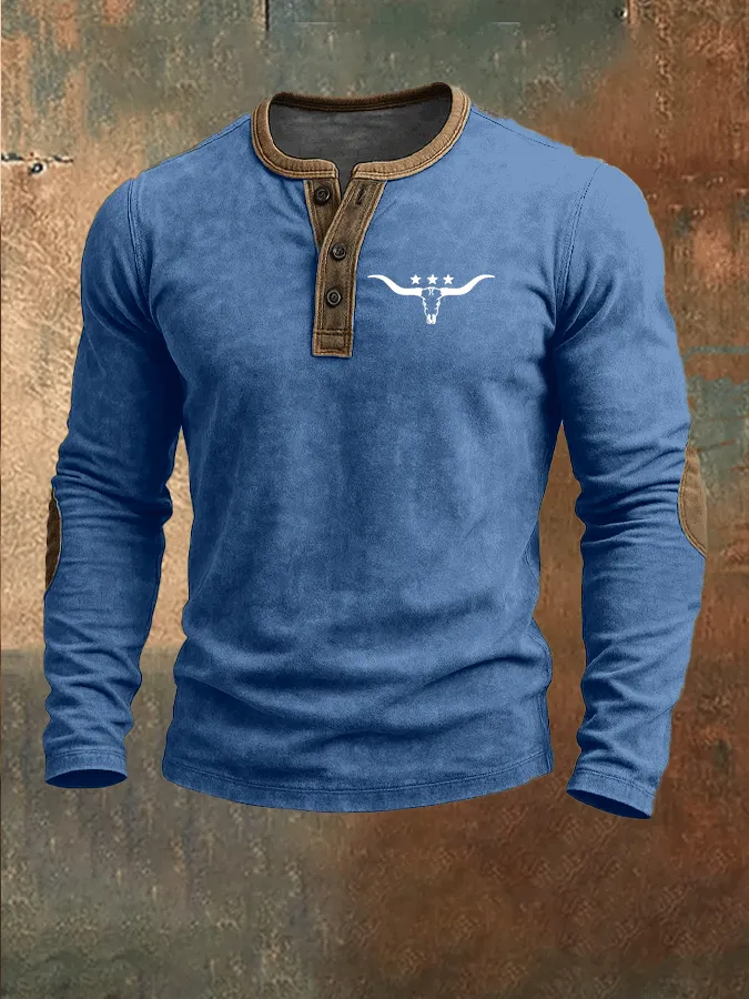 Men's Vintage Western Cow Print Henley Neck Top
