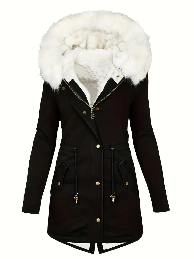 Faux Fur Hood Drawstring Parka Coat, Zip Up Button Front Pocket Thermal Overcoat
