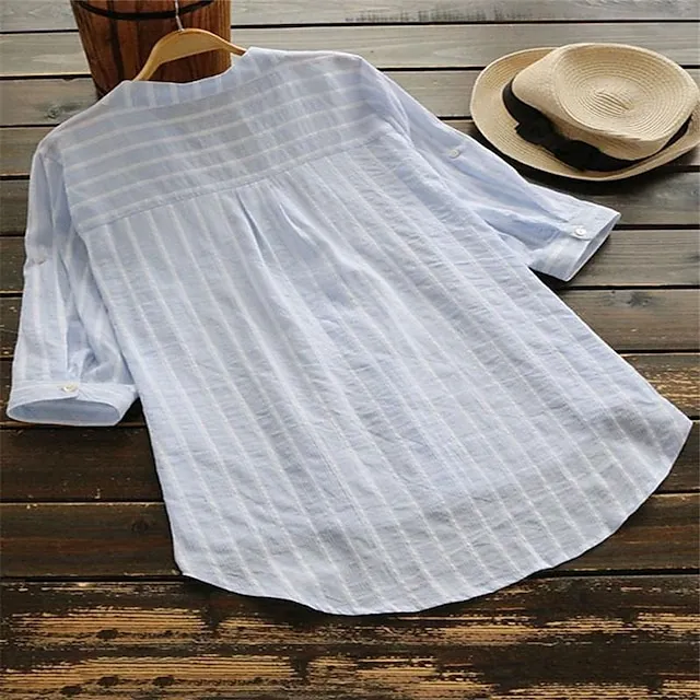 Blouse Women's Light Blue Black khaki Stripes Button Front Office S
