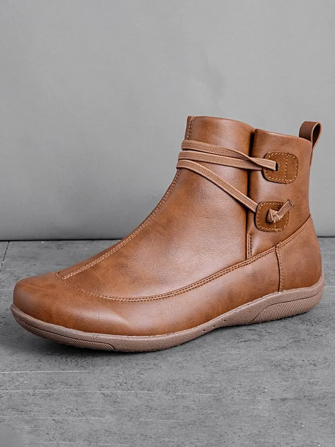 Vintage Women Casual Braided Strap Breathable Lether PU Flat Heel Classic Boots