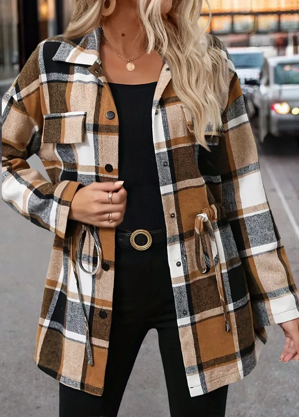 Light Coffee Peplum Plaid Long Sleeve Shirt Collar Blouse