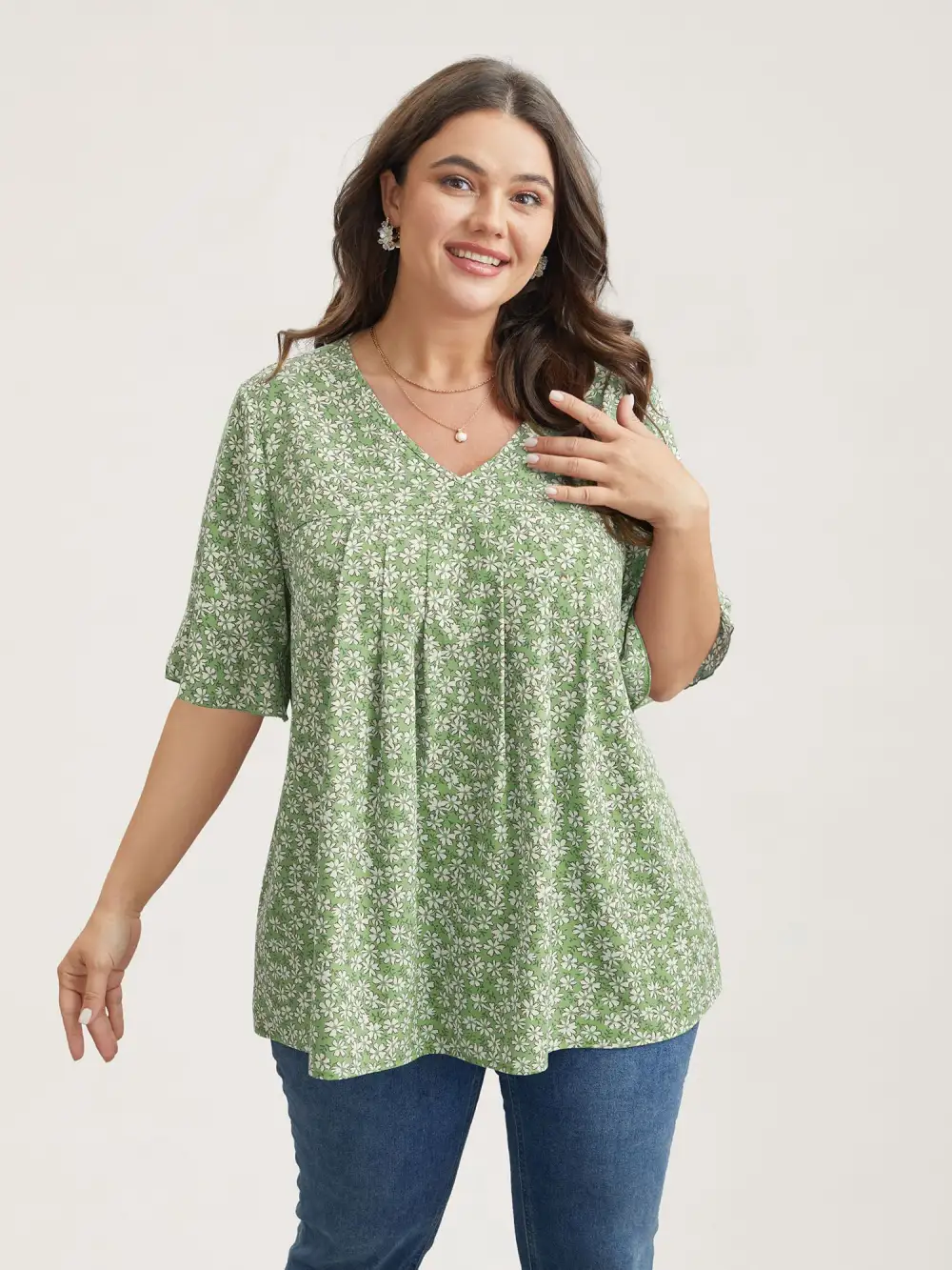 Ditsy Floral Pleated Flared Sleeve Shirt