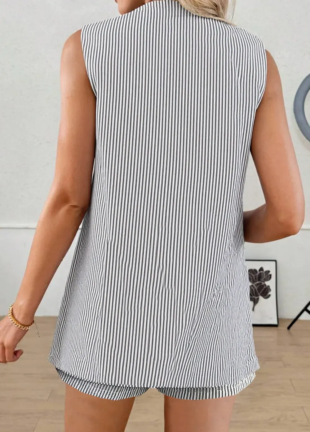 Grey Striped Sleeveless Short Sleeve Cardigan and Shorts
