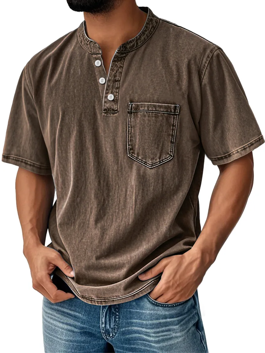 Men's Retro Stand Collar Casual Pocket Solid Color Short Sleeve Henley Shirt