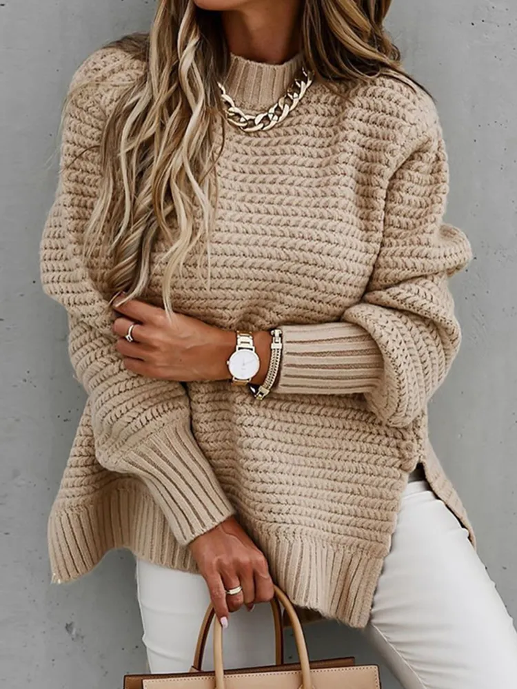 Simple Long Sleeved Thick Needle Tied Hand Side Slit Knit Sweater