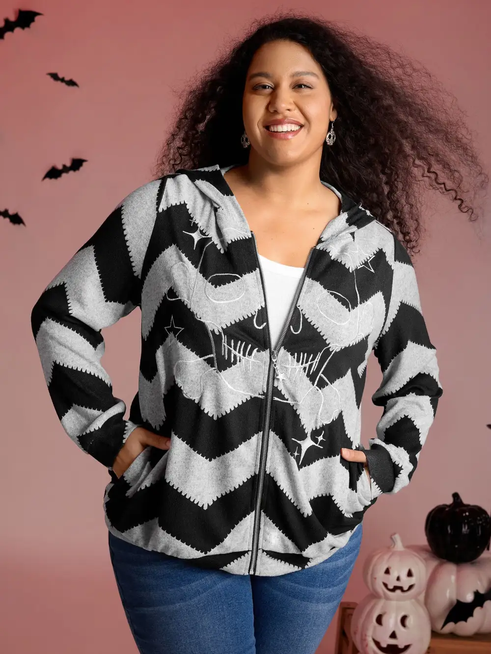 Wavy Stripe Skull Embroidery Zipper Hoodie