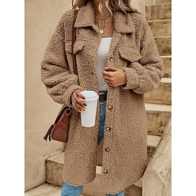 Women's Sherpa Jacket Comfortable Breathable Pocket Buttons Casual Plain Vacation Street Casual Daily Wear Single Breasted Long Turndown Loose Fit Long Sleeve Outerwear Black White Red Spring Fall