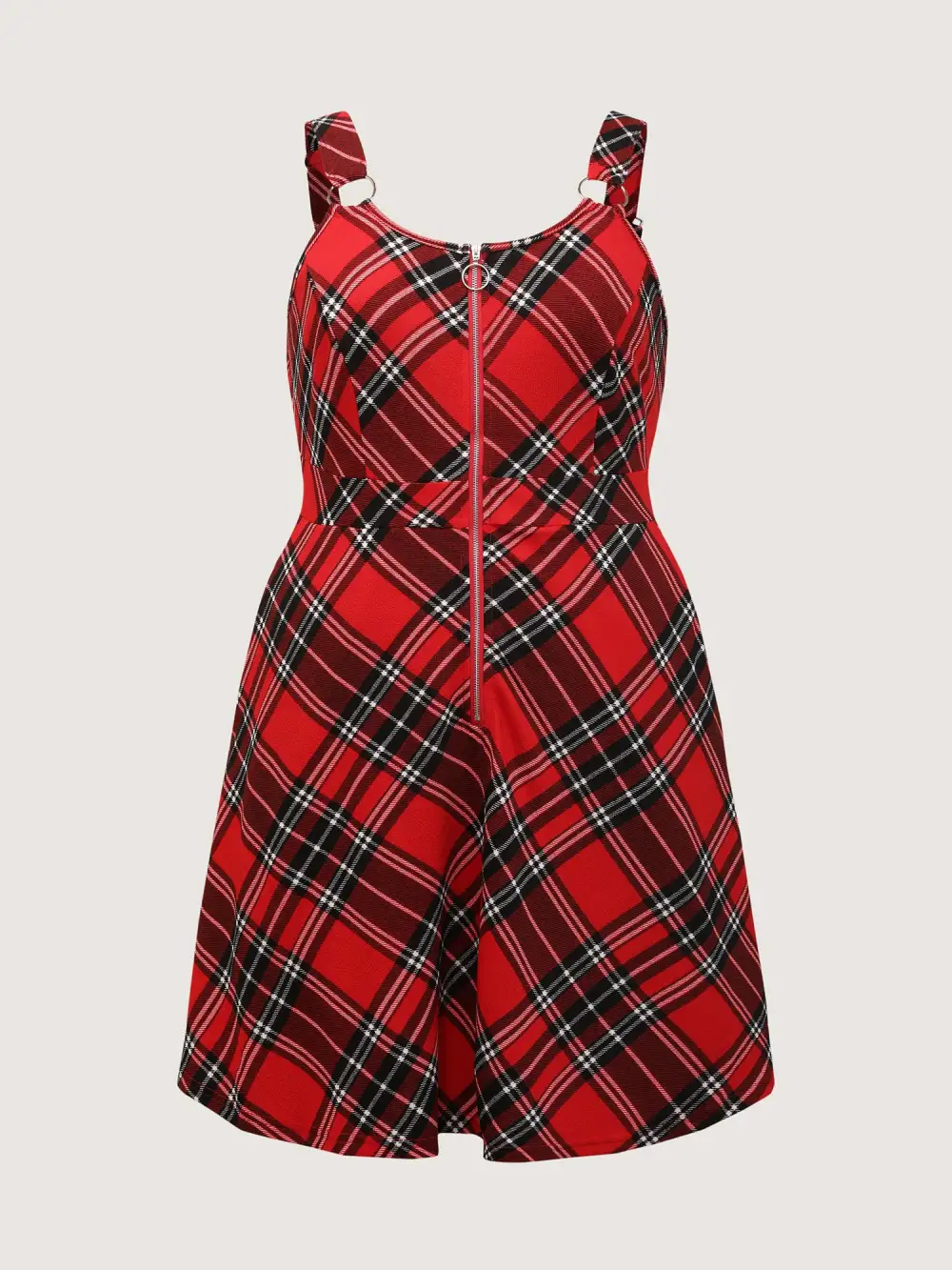 Plaid Print Zipper Overall Straps Mini Dress