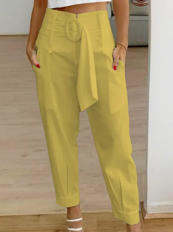 Daily Casual Plain Cotton High Waist Straight Tapered Cropped Pant