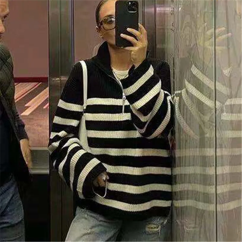 Striped Pullover Zip Sweater