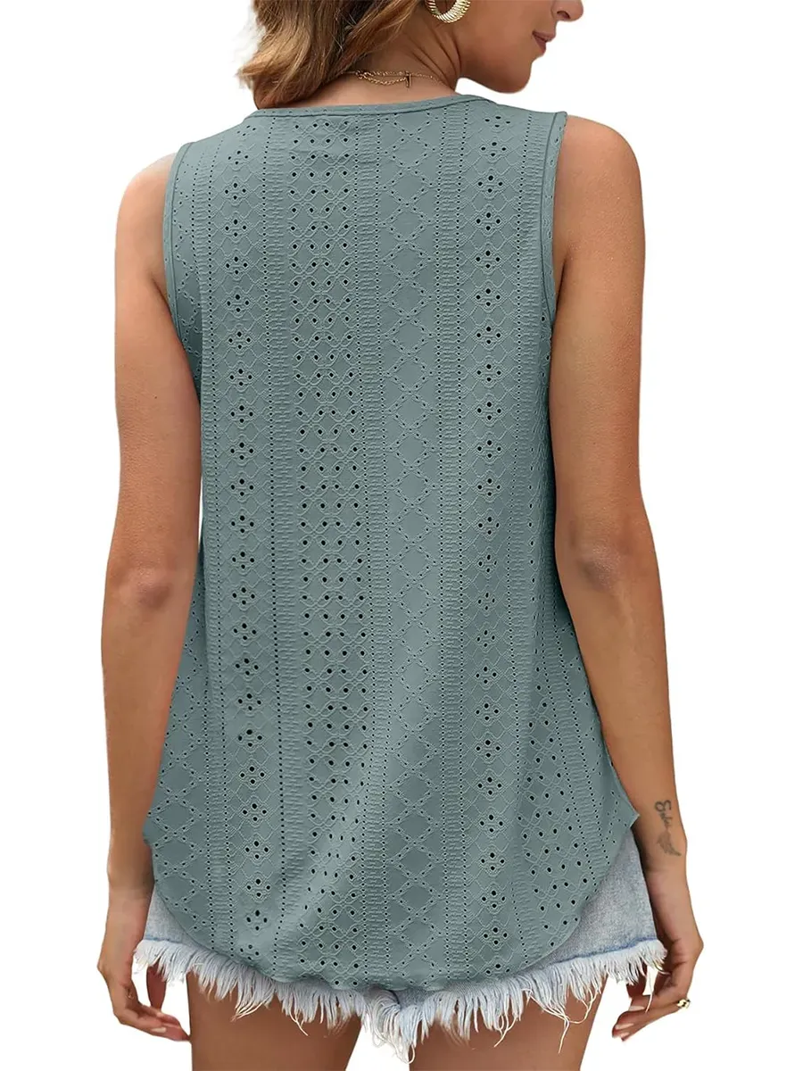 HOT SALE Women's Casual Loose Scoop Neck Wide Strap Eyelet Tank Tops