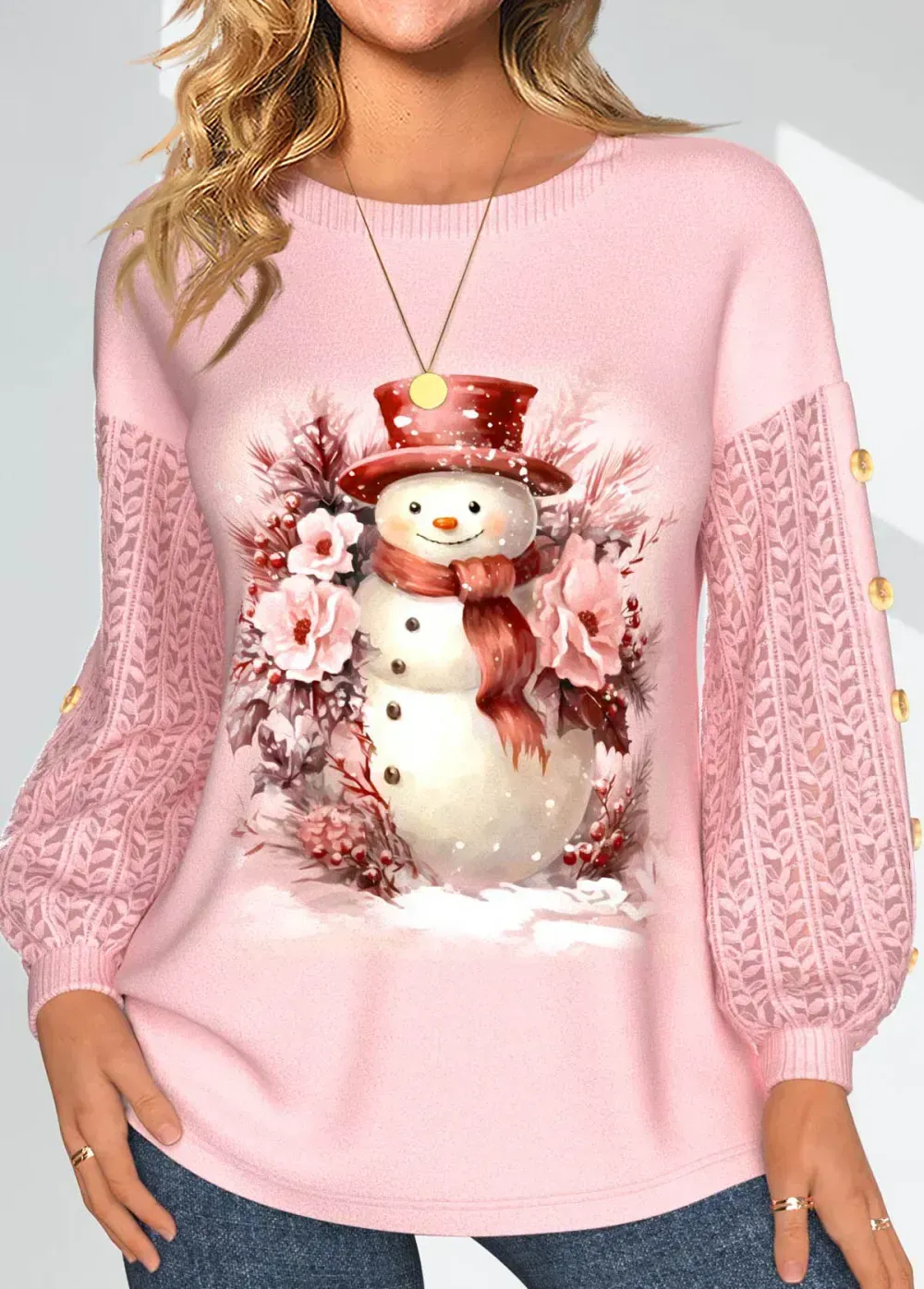 Christmas Lace Snowman Print Long Sleeve Round Neck Sweatshirt
