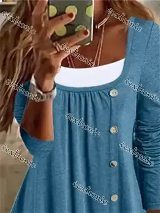 Women's Long Sleeve U-Neck Buttons Top