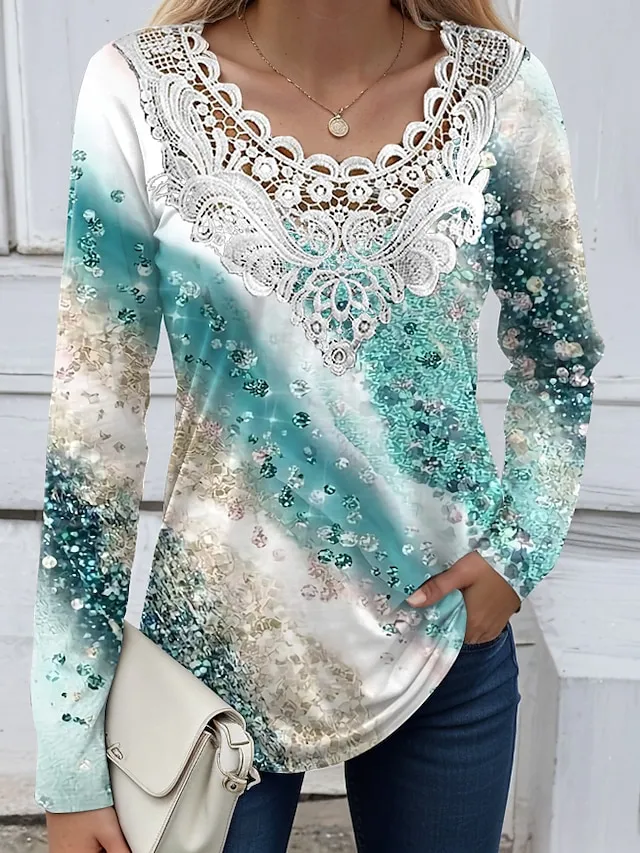 Women's Shirt Blouse Floral Lace Print Casual Holiday Fashion Long Sleeve V Neck Black Spring &  Fall