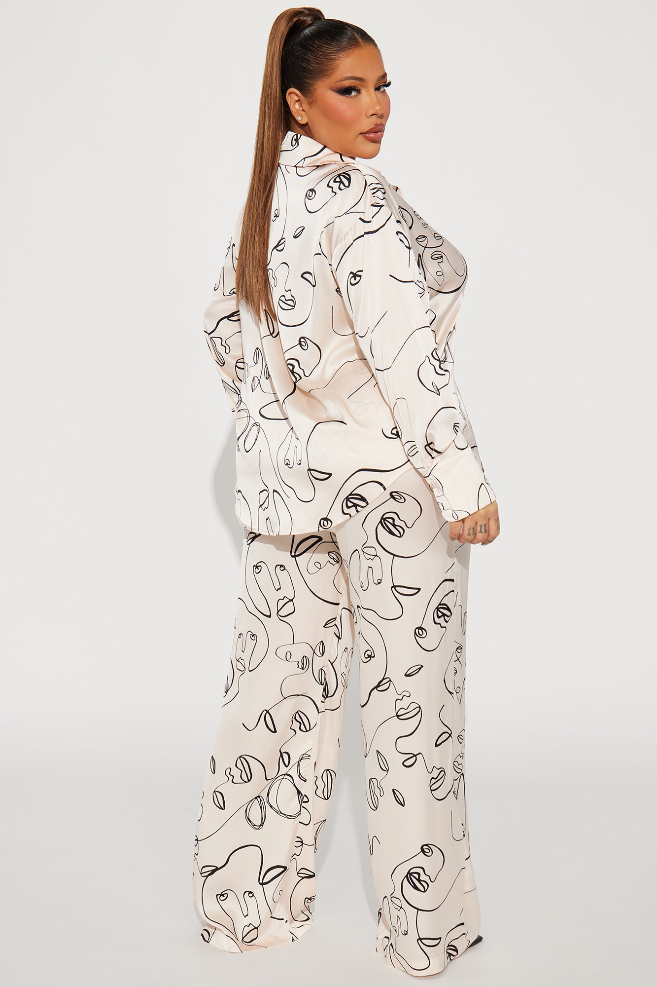Stop Staring Satin Pant Set - Cream/combo