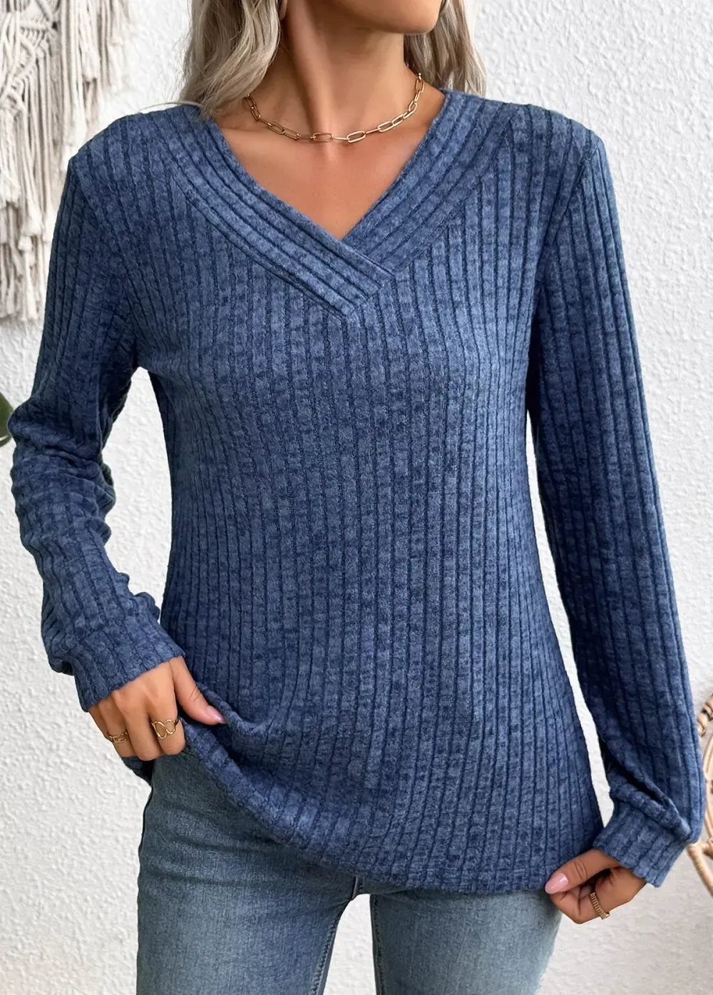 Blue Long Sleeve V Neck Sweatshirt