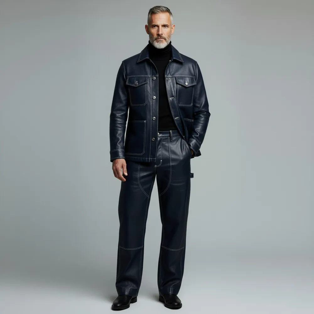 Men's Navy Blue PU Leather Contrast Stitched Button Flap Pockets Long Sleeve Trucker Jacket