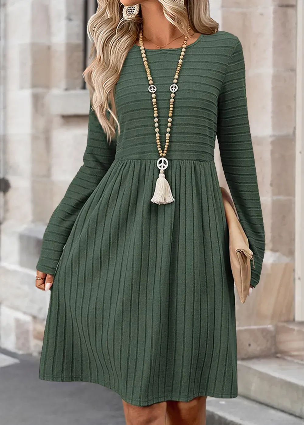 Sage Green Tummy Coverage Long Sleeve Round Neck Dress