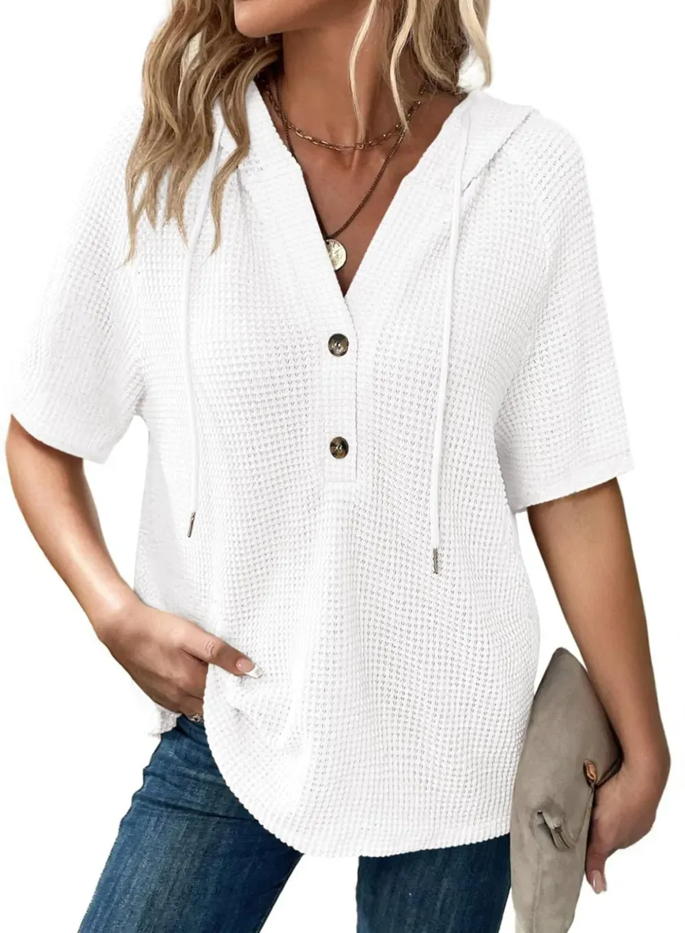 ✨Women's Waffle Knit Button V Neck Short Sleeve Lightweight Drawstring Hoodies(BUY 2 10% off)