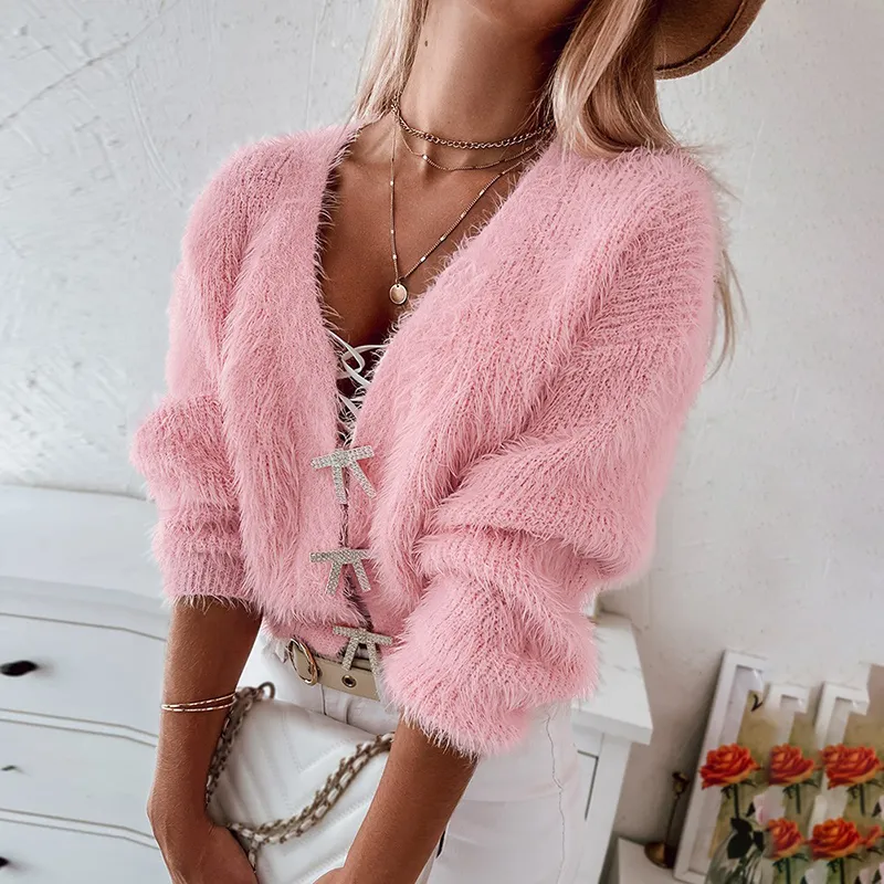 Fuzzy Bowknot Pattern Knit Cardigan