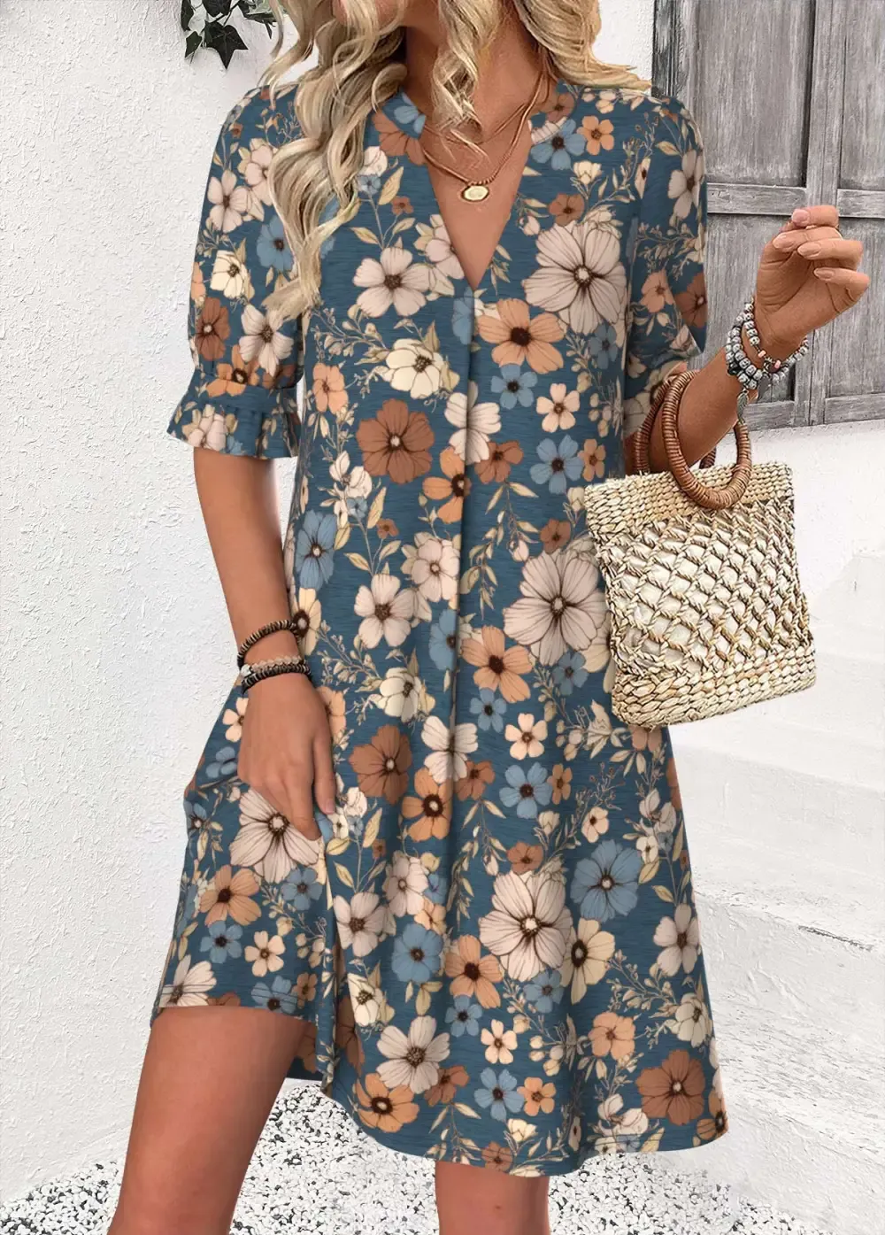 Multi Color Floral Print Half Sleeve Split Neck Dress
